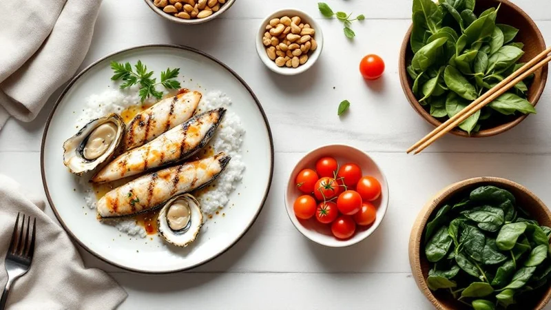 ED改善に効果的な食材（牡蠣・青魚・ナッツ・トマト・ほうれん草）を盛り付けた食卓
