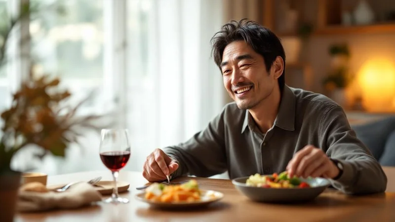 自宅でワイングラス片手にリラックスする40代男性。適度な飲酒のイメージ