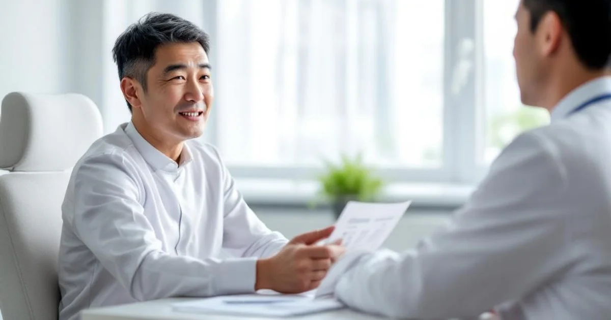 クリニックの診察室で医師からED治療薬について説明を受けている40代日本人男性