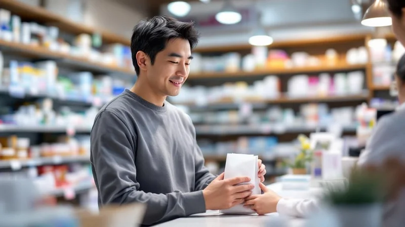薬局のカウンターで薬袋を受け取る40代日本人男性