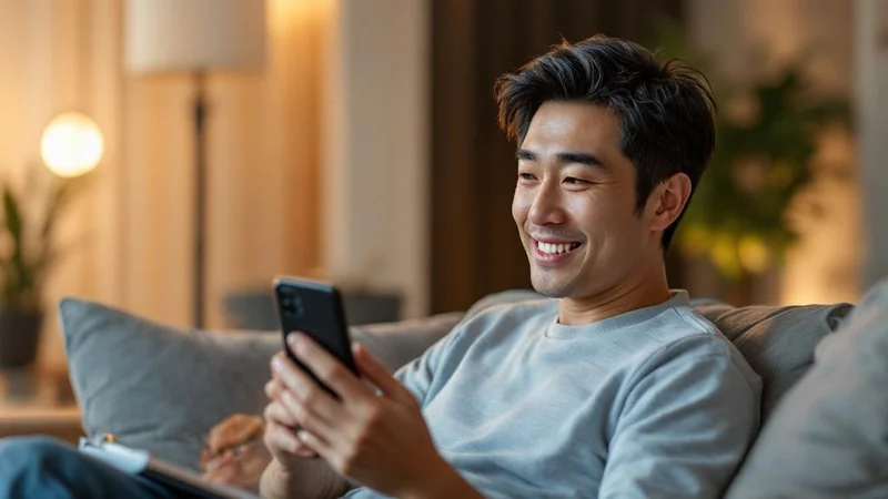 スマートフォンでオンライン診療を受けながらメモを取っている40代日本人男性