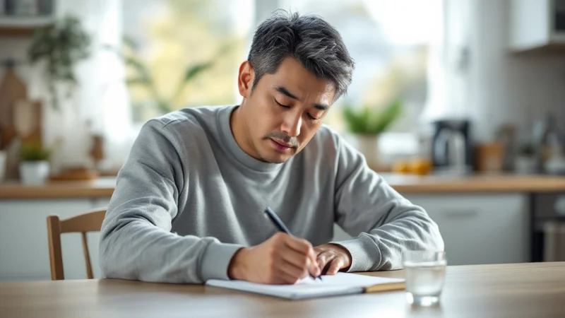 明るいキッチンのテーブルで、症状の記録をノートに書きとめている40代後半の男性