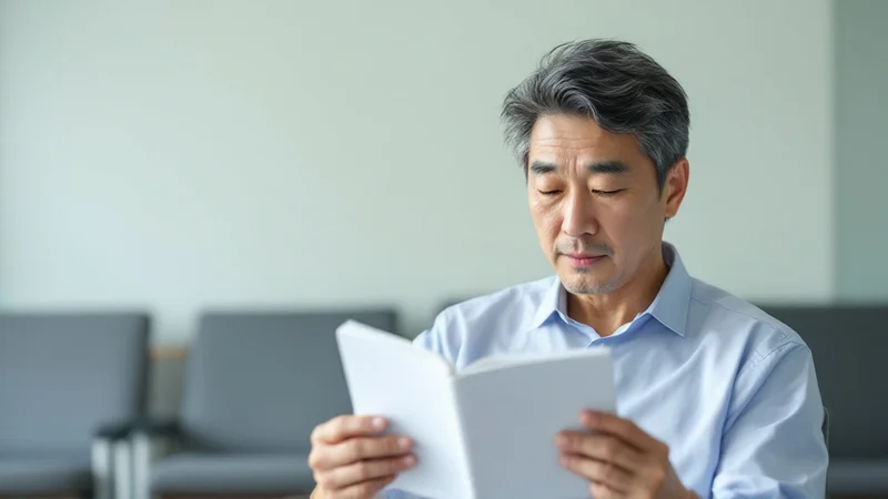 クリニックの待合で、医師に伝えることを書いたノートを見返している40代後半の男性