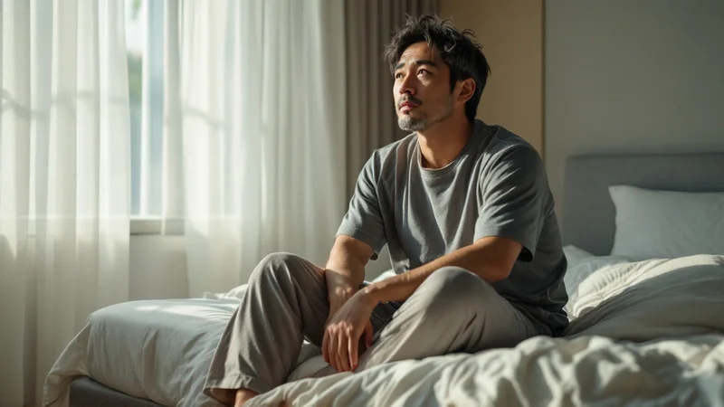 明るい朝の寝室でベッドに腰かけ、窓のほうを見ている40代の日本人男性の写真。長く寝ても眠気が残っている様子