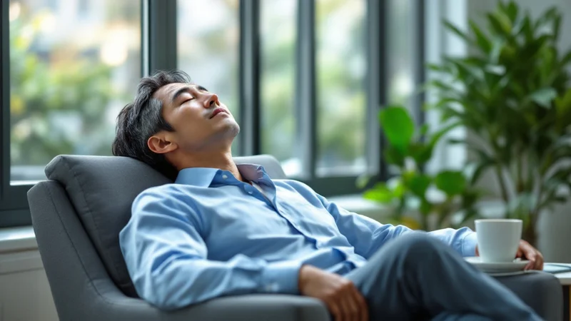 明るいオフィスの休憩スペースで、椅子にもたれて短い仮眠をとっている40代の日本人男性の写真