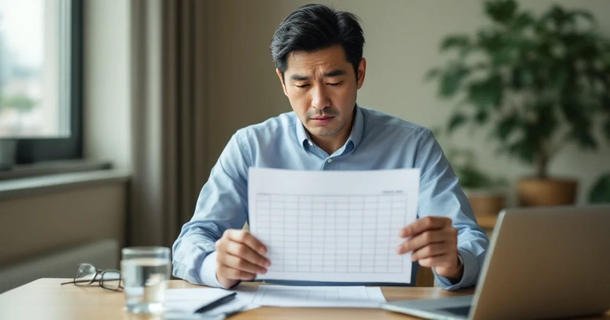 健康診断の結果票を険しい表情で見つめる40代前半の日本人男性