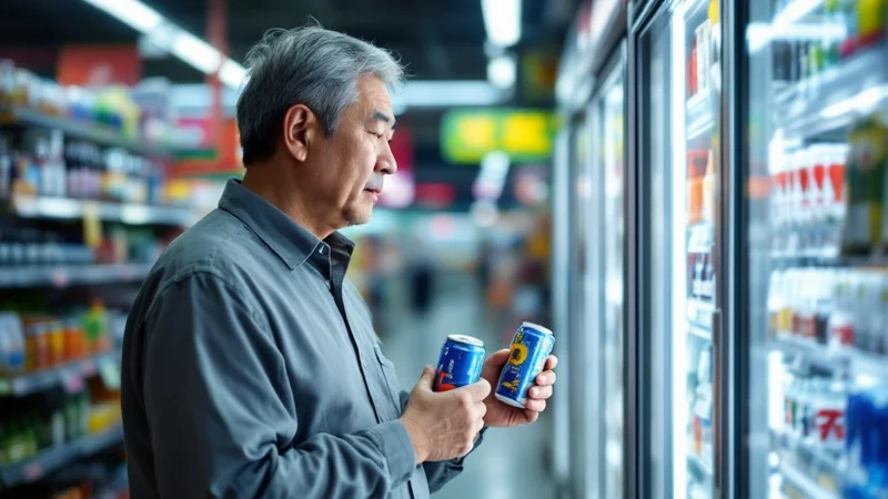 コンビニの飲料棚で栄養ドリンクとエナジードリンクを見比べる40代日本人男性