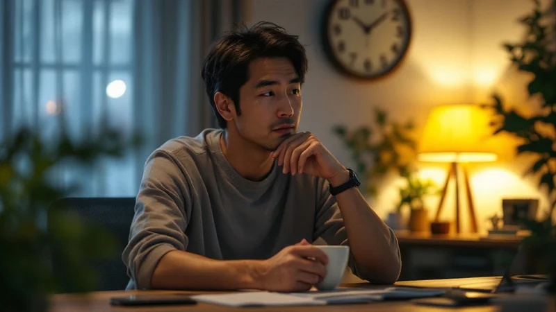 時計を確認しながらコーヒーカップを持つ40代日本人男性、夕方の時間帯を意識している様子