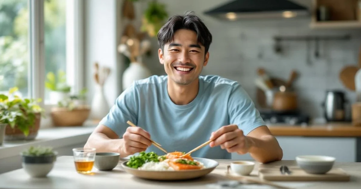 明るいキッチンで鮭・ご飯・野菜の定食を食べる40代日本人男性。疲労回復食材を日常的に摂るイメージ