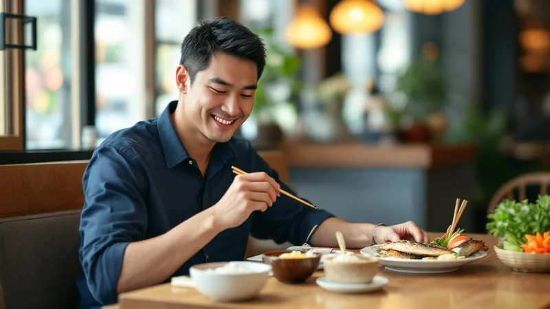 明るいレストランで焼き魚定食を食べる40代日本人男性。外食時でも疲労回復食材を選べるイメージ