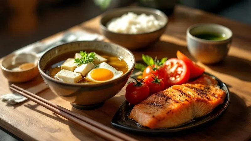 味噌汁・ご飯・焼き鮭・緑茶が並んだ栄養バランスの良い和食朝食