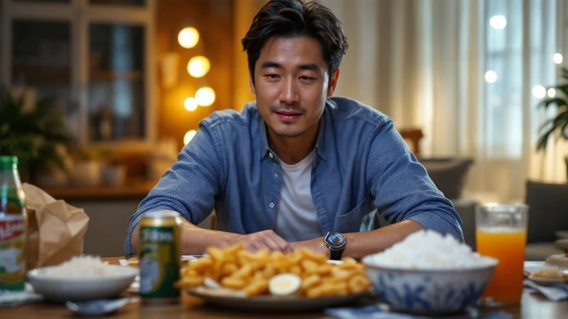 缶ビールと揚げ物・白米が並んだテーブルで食事をする40代男性。カロリー過多と飲酒習慣が脂肪肝の主な原因