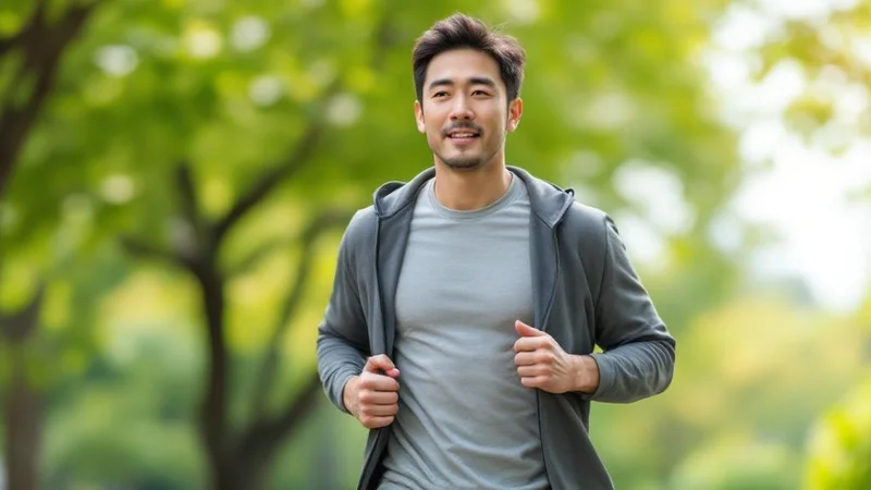 公園で早歩きをする40代男性。週150分の有酸素運動が脂肪肝改善に有効とされている