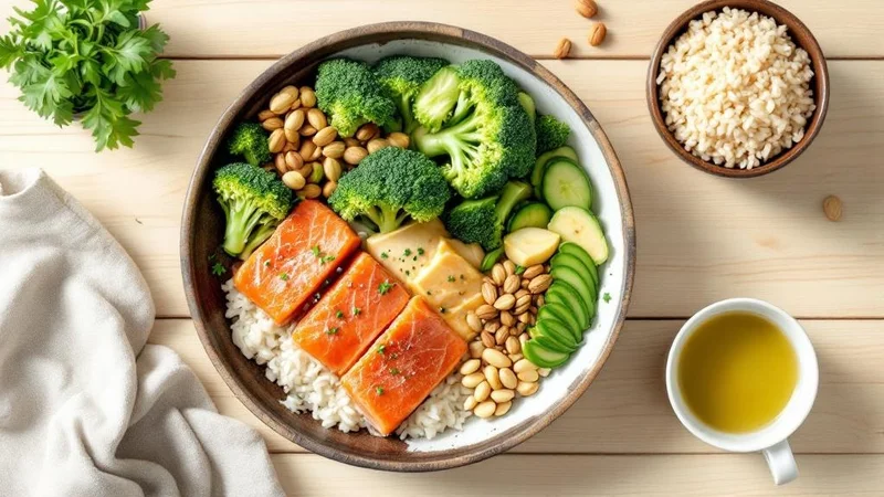 木製テーブルに並んだブロッコリー・サーモン・豆腐・玄米・緑茶・ナッツ。脂肪肝改善に効果的な食材の例