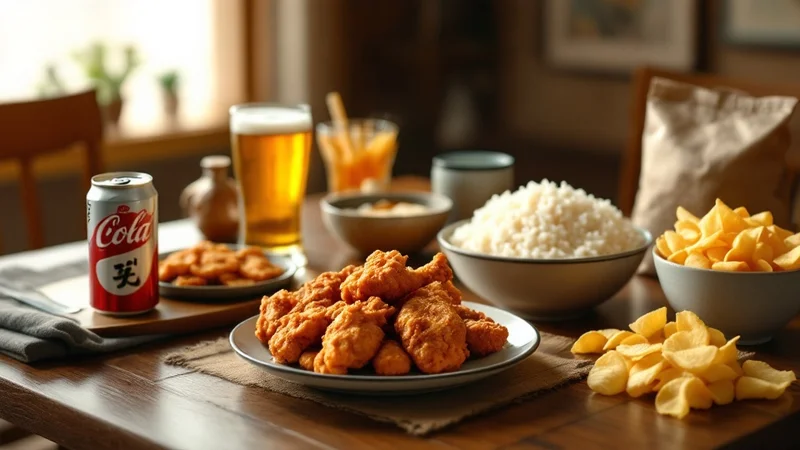 脂肪肝を悪化させるNG食品（清涼飲料水・揚げ物・菓子・白米・お酒）を並べた写真