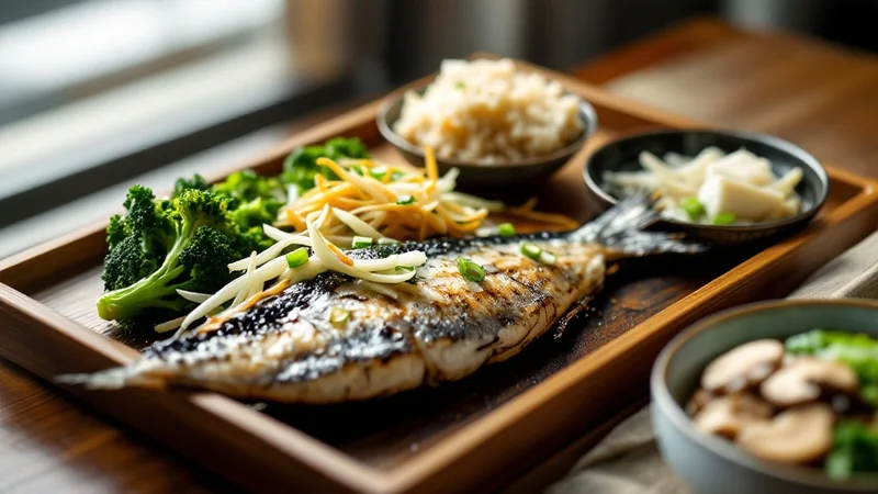 脂肪肝改善向けの定食スタイルの夕食（焼き魚・野菜の蒸し炒め・豆腐・麦ご飯・味噌汁）の写真