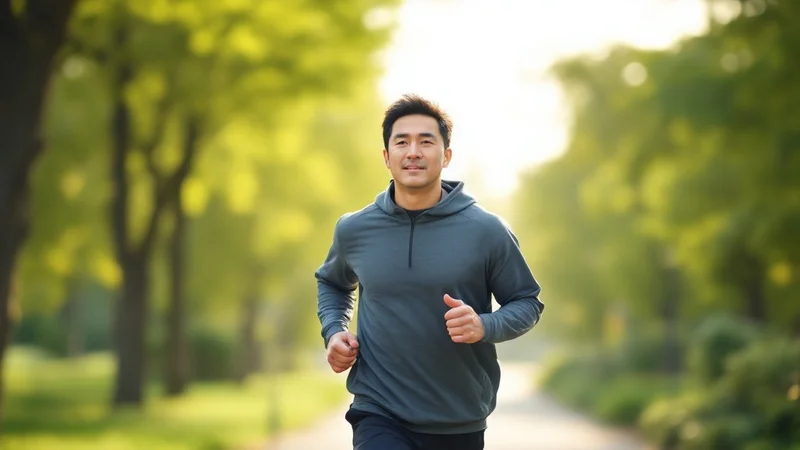 公園を早歩きでウォーキングする運動習慣のある40代日本人男性