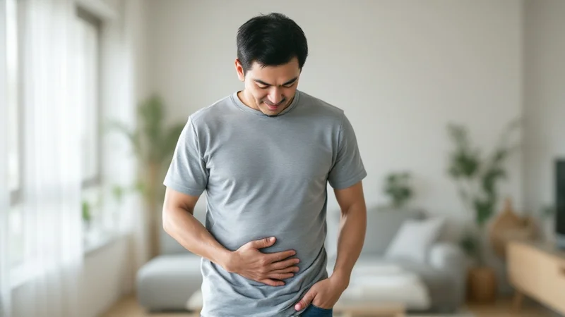 標準体型でお腹が出ていない50代の日本人男性が、自分の腹部に手を当てて不思議そうにしている様子