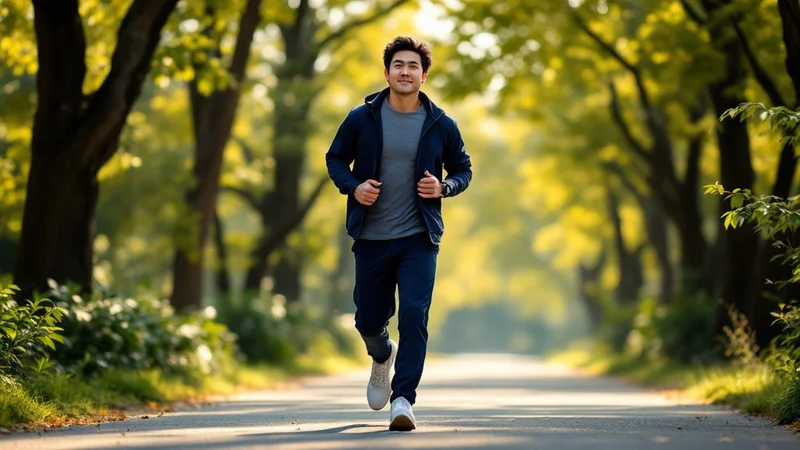 公園のジョギングコースで明るい日差しの中ウォーキングをする、運動習慣を始めた40代の日本人男性