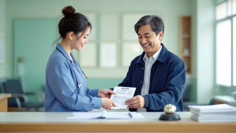 内科クリニックの受付で健康診断結果票を提出する40代後半の日本人男性。受付スタッフが結果票を受け取っている