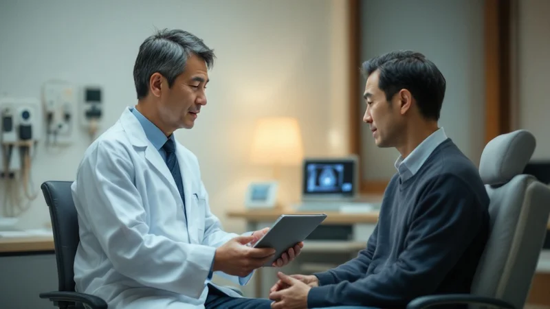 診察室で医師から検査結果の説明を受ける40代後半の日本人男性。医師がタブレットで腹部エコーの画像を見せながら説明している