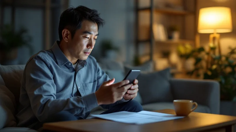 自宅のリビングでスマートフォンを使い、近くの消化器内科クリニックを検索している40代後半の日本人男性。テーブルには健康診断結果票が置かれている