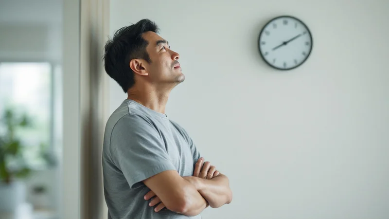 壁の時計を見上げて、泡が消えるまでの時間を確かめている40代の日本人男性