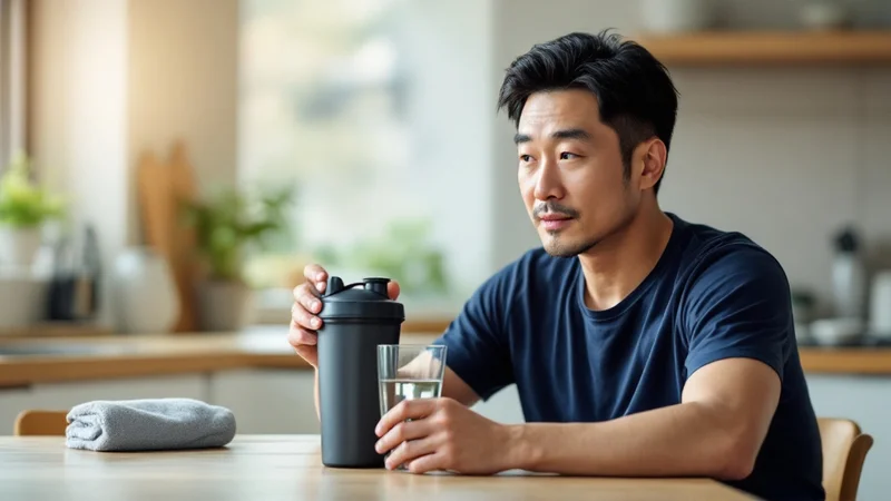 キッチンでプロテインシェイカーと水の入ったグラスを前にしている40代の日本人男性