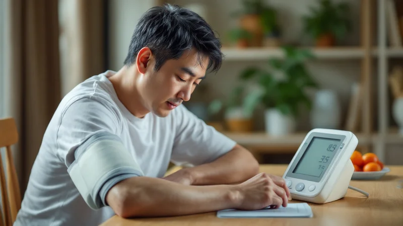 自宅のダイニングで上腕式の血圧計を使って家庭血圧を測っている40代の日本人男性