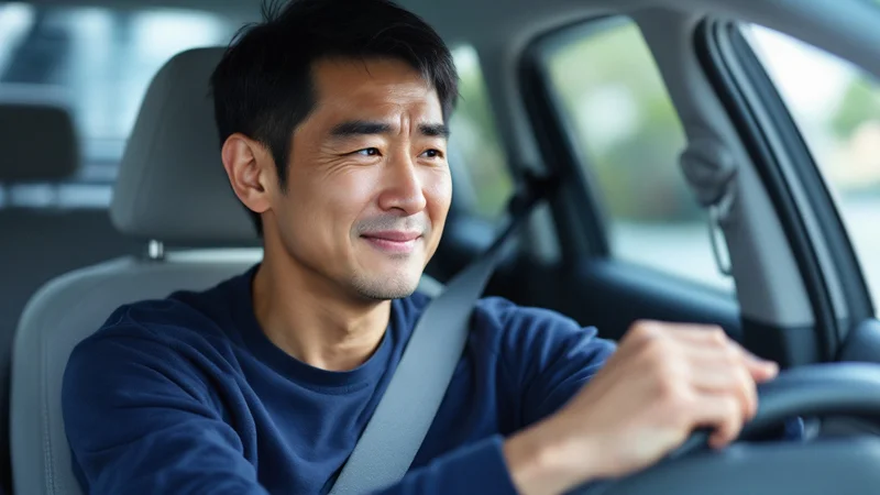 運転席でシートベルトを締め、ハンドルに手を置く40代後半の男性