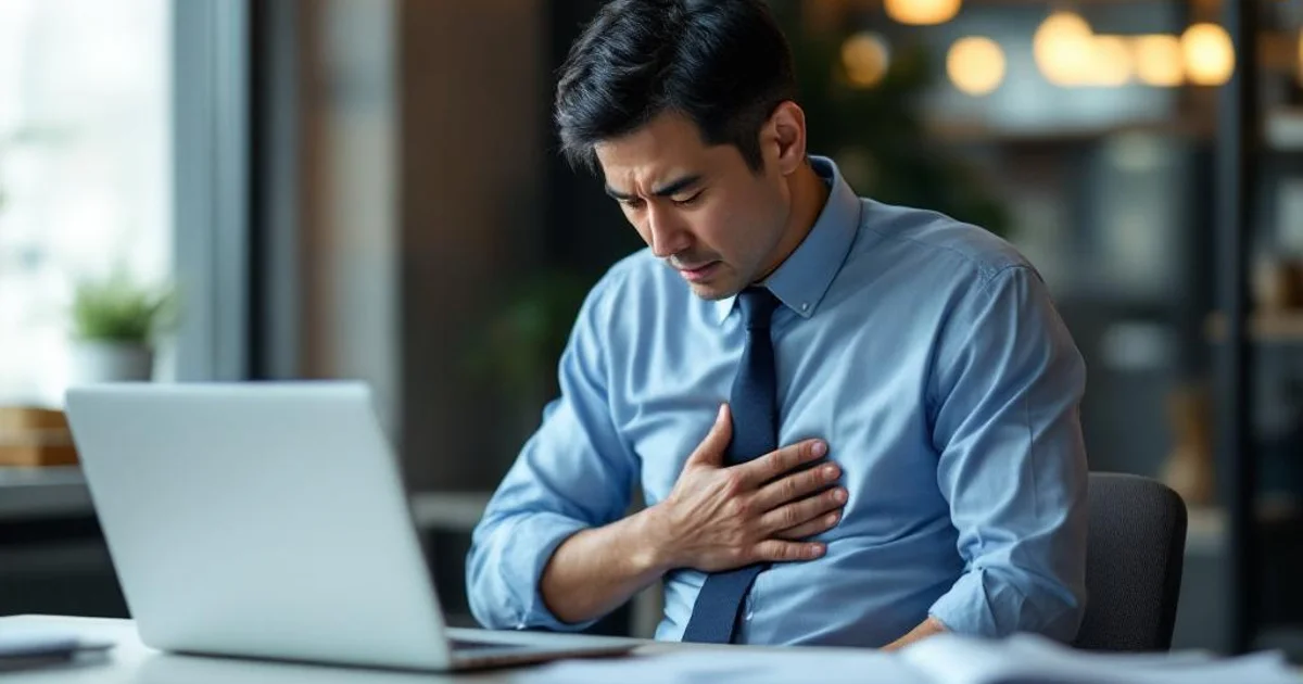 40代後半の男性が胃の上部を手で押さえながら、デスクワーク中につらそうな表情で休んでいる様子