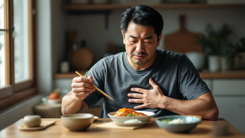 食事を前に箸を止め、胃のあたりを軽く押さえながら浮かない表情をしている40代男性