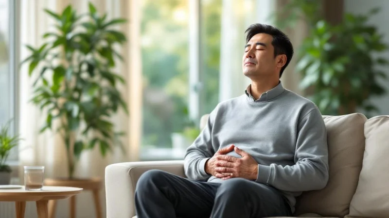 リビングのソファで深い腹式呼吸をしながら自律神経を整えようとしている50代男性の穏やかな姿