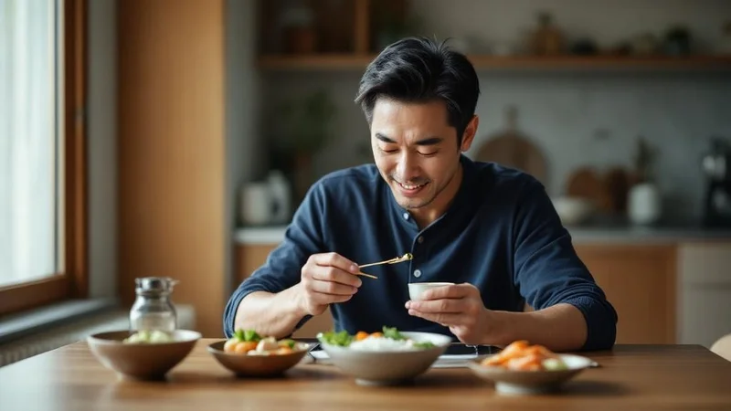 自宅のキッチンテーブルで小盛りの和食をゆっくり咀嚼しながら食事を楽しむ40代後半の男性