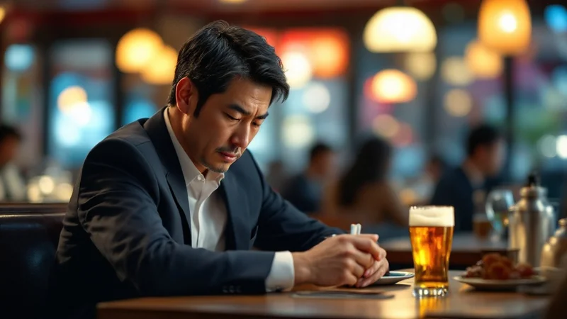 レストランでビールグラスの前に座り、手を組んで思い悩む表情をする40代の日本人男性。飲酒習慣を見直すきっかけを示している
