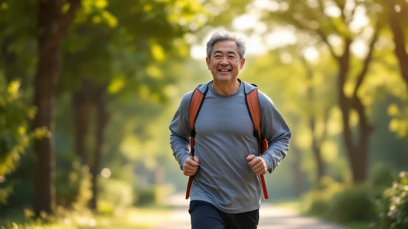 朝の公園の緑道をジョギングする50代の日本人男性。笑顔で健康的に走っており、運動習慣による生活改善を表している