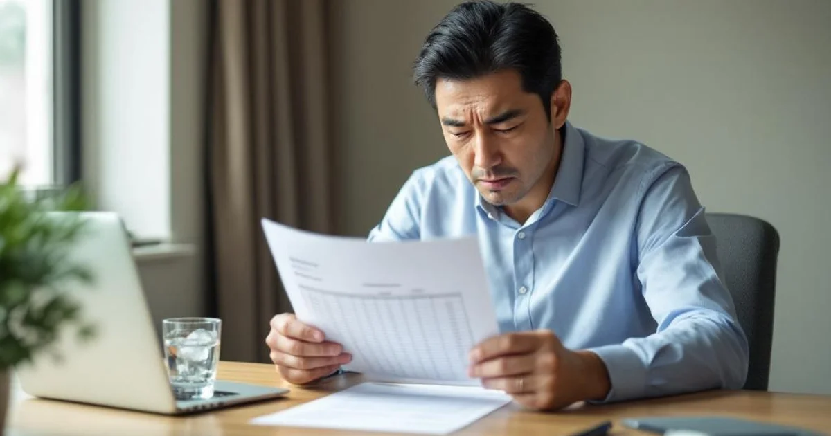 健康診断結果の用紙を見ながらγ-GTPの数値に渋い表情を浮かべる40代後半の日本人男性ビジネスマン。デスクには水のグラスとボールペン