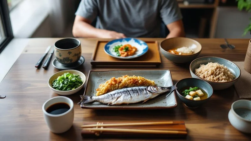自宅のダイニングテーブルに並ぶ和定食。サバの塩焼き、納豆、ほうれん草のお浸し、味噌汁、玄米ご飯。40代男性の手前にコーヒーカップが置かれている