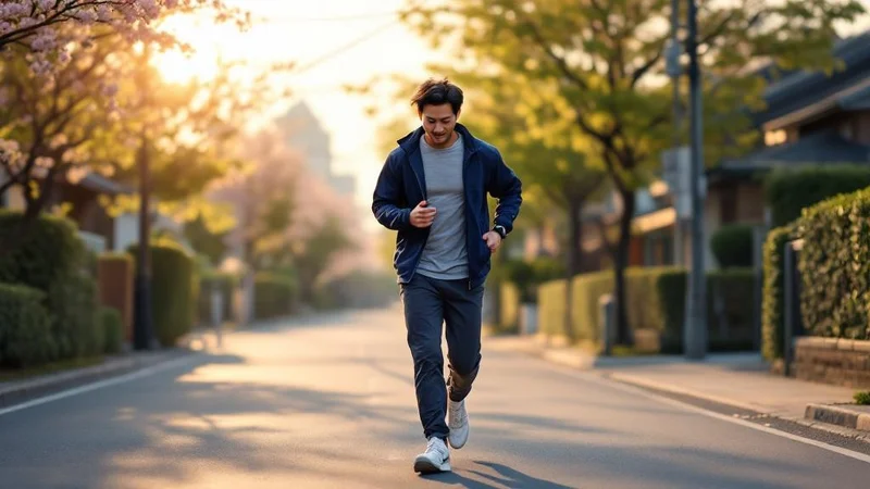 早朝の住宅街を早歩きでウォーキングする40代後半の日本人男性。スポーツウェアにスニーカー、スマートウォッチで時間を確認している