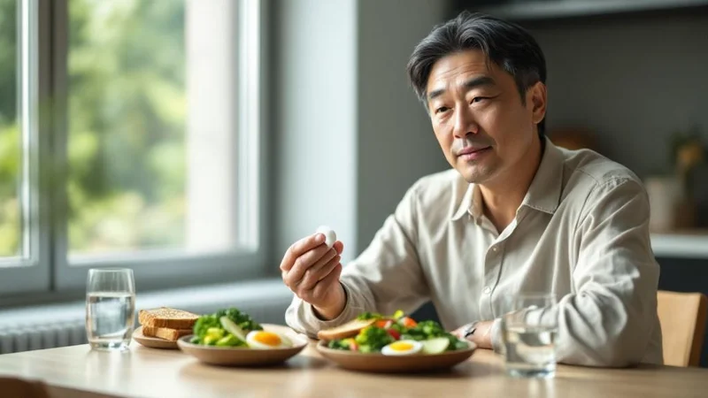 明るい朝の光が差し込むダイニングテーブルで、40代後半の日本人男性が、ブロッコリーとアボカドのサラダ・ゆで卵・全粒粉トーストの朝食を始める前に、まずコップの水でグルタチオンサプリを飲んでいる穏やかなシーン