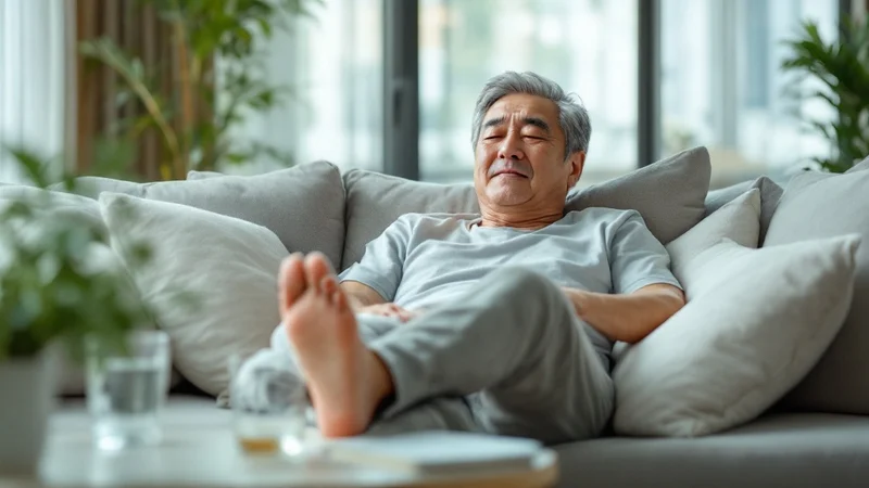 ソファで足を高く上げて休み、そばに水のグラスを置いて安静にする痛風発作の正しい初期対処をとる日本人男性