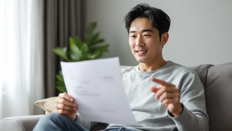リビングのソファで健診結果の書類を手に持ち内容を確認する40代の日本人男性