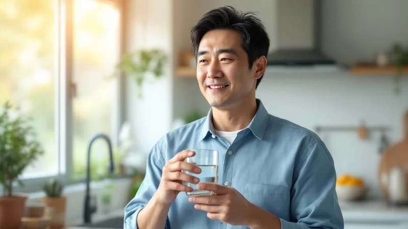 キッチンで水の入ったグラスを手に持ち、腎臓を守るための水分補給を意識する40代の日本人男性