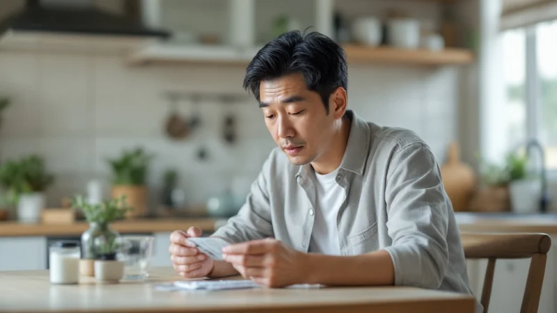40代日本人男性がキッチンで薬の説明書きを読みながらブリスターパックを確認している場面