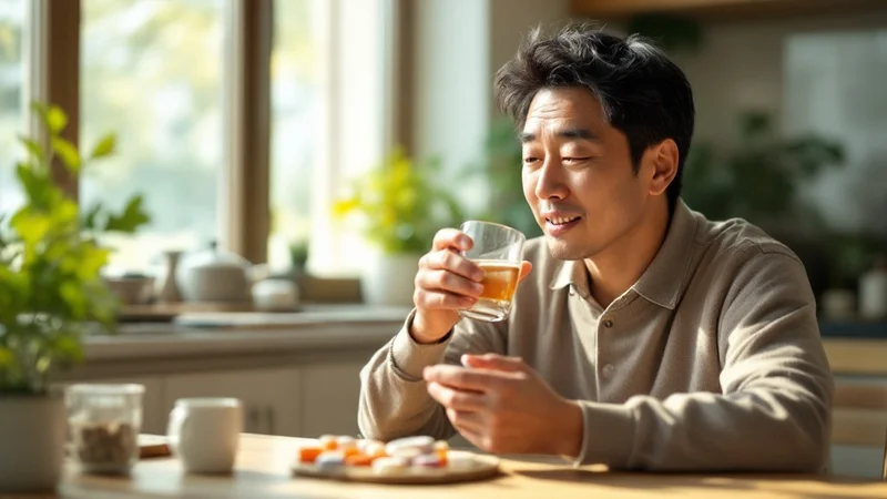 40代日本人男性が朝のキッチンで日差しを浴びながらコップを持ち毎日の服薬習慣をこなしている場面