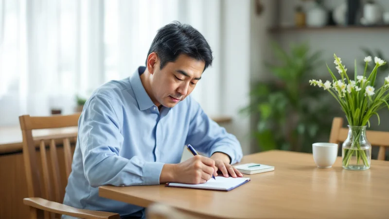 ダイニングテーブルでメモ帳に血尿の状況を書き留めている40代後半の日本人男性