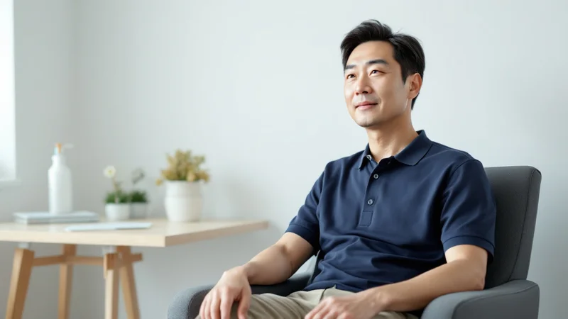 クリニックの診察室の椅子に落ち着いて座り、医師の説明を聞いている40代の日本人男性