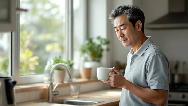 朝の明るいキッチンで白いマグカップを片手に持ち、量を見直そうと考えている40代後半の日本人男性