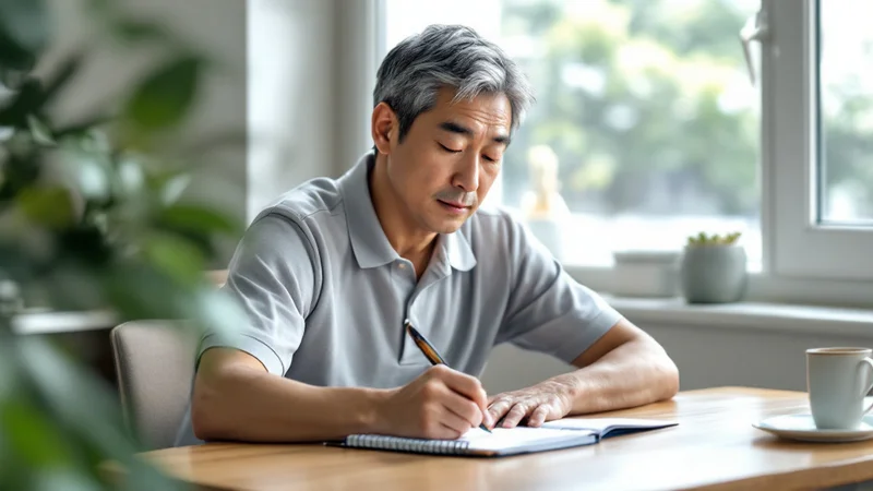 明るい部屋のテーブルで、前腕を机につけて支えながら太めのペンでノートに記録している40代後半の日本人男性
