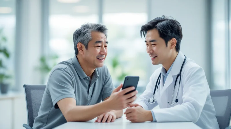 診察室で、スマートフォンの画面を医師に向けて見せながら症状を説明している40代後半の日本人男性